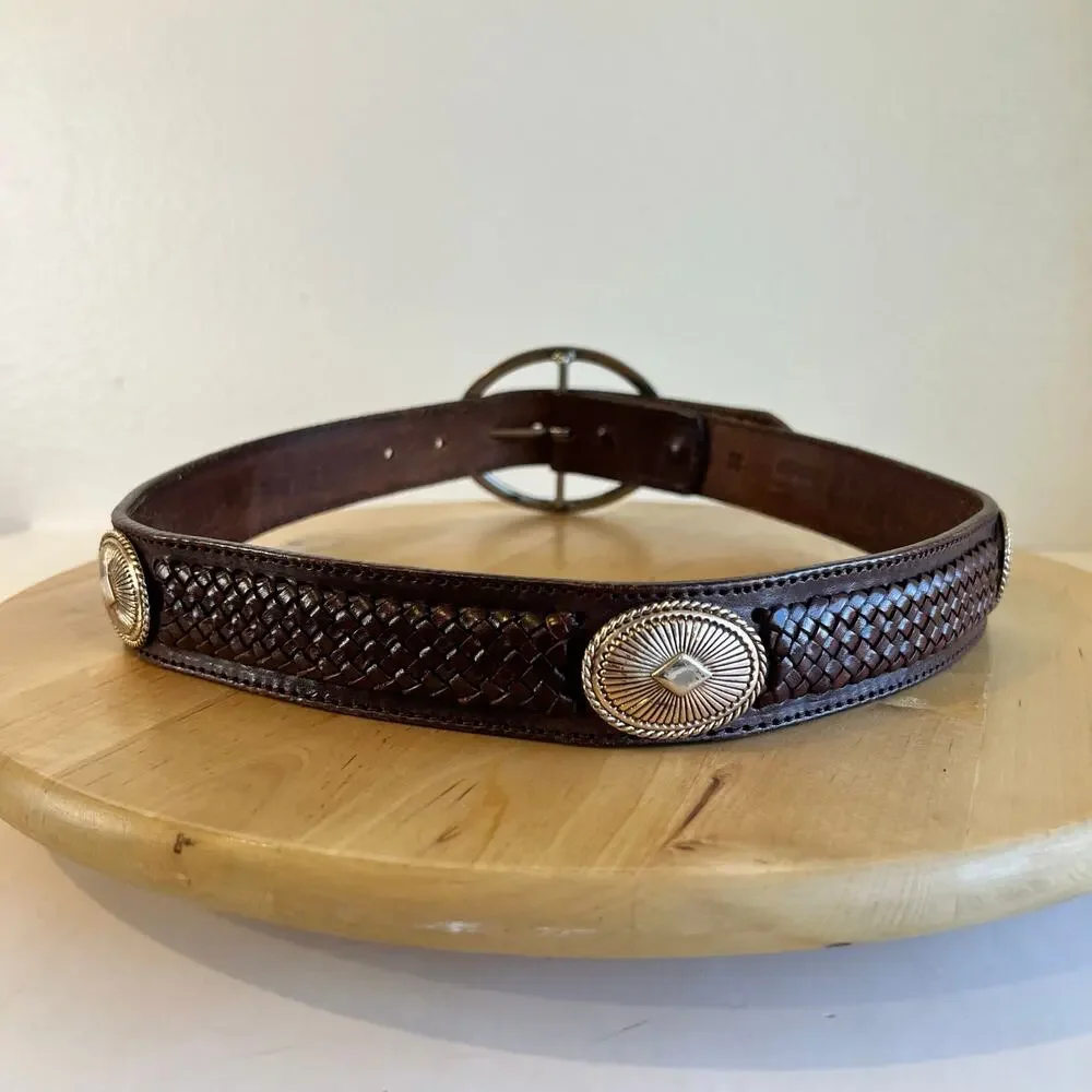 90s Brown Woven Starburst Studded Western Large Silver Buckle Belt Size Small